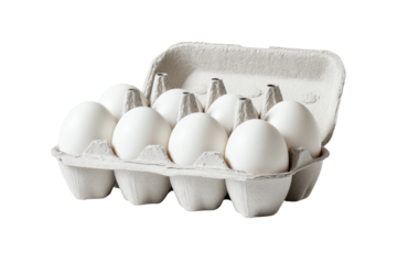 White eggs in a grey cardboard carton on a black background image, Isolated On Transparent Background, Png Cut Out