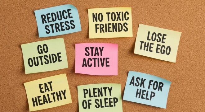 Sticky notes with self-care tips on corkboard