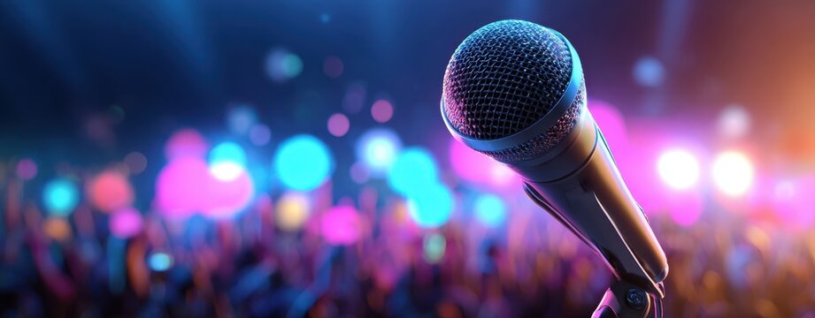 The Microphone on Stage Ready for Performance with Colorful Concert Lights