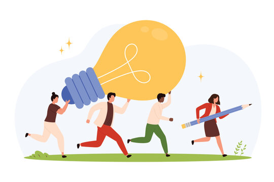 Group of diverse people running together holding giant light bulb and pencil symbolizing creativity, innovation, teamwork, and idea development isolated vector illustration