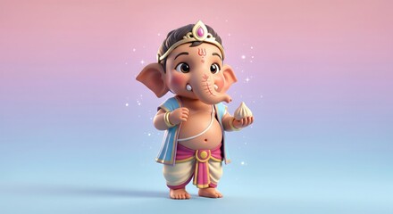 Baal Ganesha. Cute Semi-Realistic Child Form with Pastel Sparkle Glow.