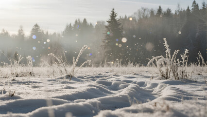 Winter Landscape, Snowy Field, Frosty Plants, Sunlight, Forest Background, Nature Scenery, Cold Weather, Snow Patterns, Winter Morning, Serene Environment