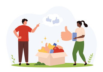 Two characters select large thumbs up icons from a box, representing feedback, approval, and positive choice in a modern flat style isolated vector illustration
