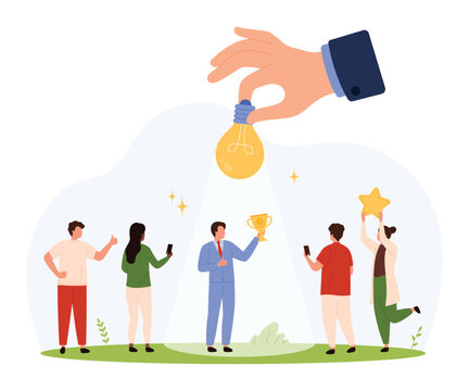 Business team celebrating employee promotion with trophy, star, and spotlight symbolizing achievement, leadership, and workplace success isolated vector illustration