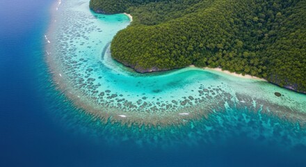Aerial view of lush green island coastline and turquoise coral reef