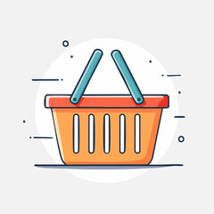 Orange Shopping Basket With Blue Handles On White Circular Background And Grey Line Designs