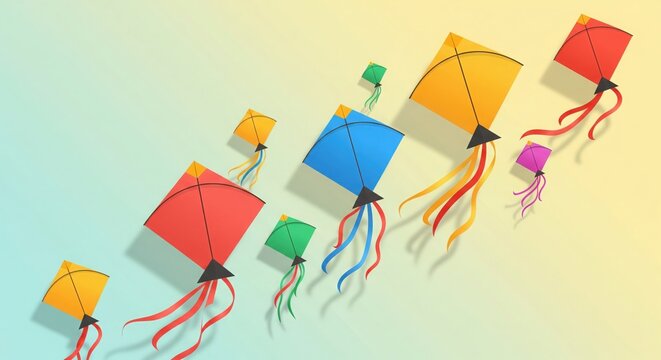 Bright Indian Kites Diagonal Layout on Pastel Background. Modern Art.