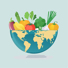 Global Harvest Of Fresh Produce Over World Map Illustration With Colorful Vegetables And Greenery In A Light Blue Background
