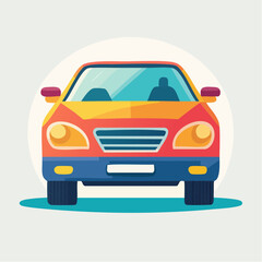 Modern Orange and Blue Sedan Automobile Front View Illuminated by Soft Light on a White Background