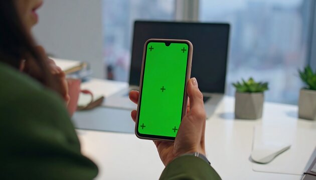 Woman holds phone with green screen, desk setting with laptop and decor, viewed from behind her shoulder