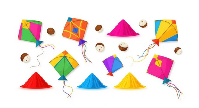 Makar Sankranti Sweets and Kites Composition. Clean Festive Art.