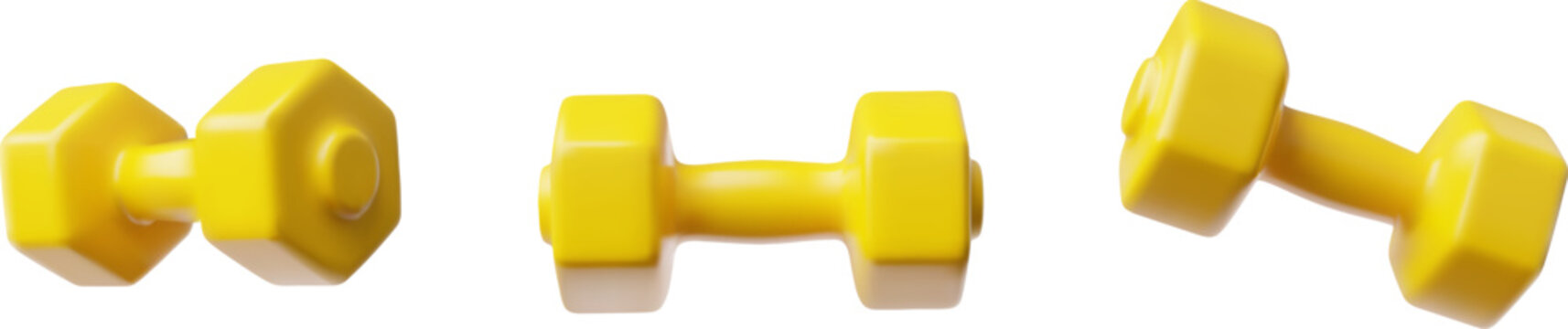Yellow dumbbell 3D cartoon vector icons set, fitness dumbbell strength training, exercise with weights, sport equipment