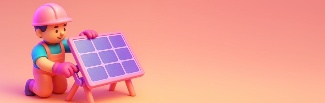 Cartoon worker installing solar panel with copy space on gradient background for energy or sustainability concept banner or poster design template. Ai generative