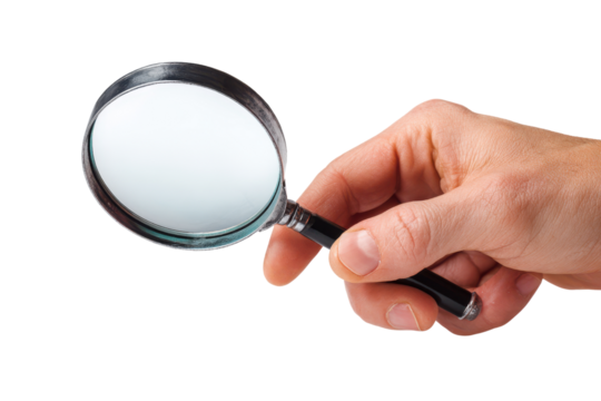 Hand holding magnifying glass over white surface isolated on black background lens, Isolated On Transparent Background, Png Cut Out