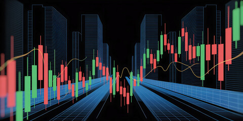 Financial market chart in cityscape background showing stock market trends