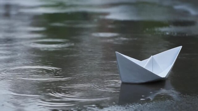 paper boat on the water,  Paper boats sailed over the flowing puddles of rain, 4k