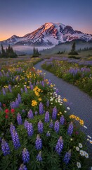 Fototapeta premium Mountain peak wildflower meadow path at sunrise