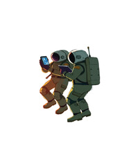 Floating Astronauts in Space – Tan and Green Suits with Digital Devices on Black Background