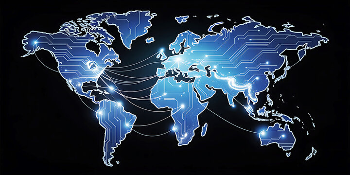 Global network connection concept with world map and glowing nodes