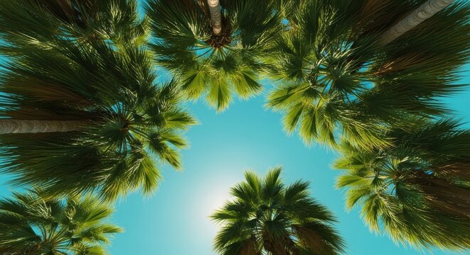 Looking up through palm trees at bright blue sky