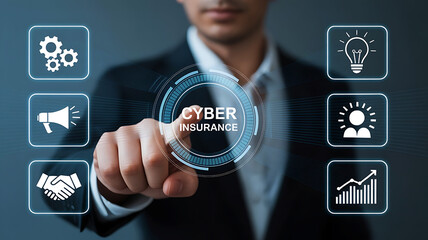 Cyber insurance concept with businessman tapping virtual interface screen technology