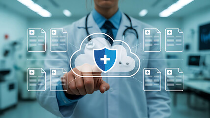Doctor accessing healthcare cloud data for secure patient information management solution
