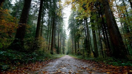 Obraz premium A serene forest path covered with fallen leaves and surrounded by towering trees representing the passage of time transformation and the interconnectedness of living systems 