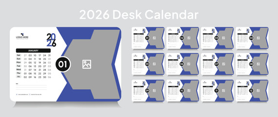 Customizable desk calendar 2026 template, corporate desk calendar schedule 2026 monthly 12-page planner layout, editable vector eps 10 file format