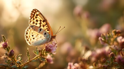 A butterfly resting on a blooming wildflower with gentle sunlight illuminating its delicate wings representing fragility transformation and the interconnectedness of life 