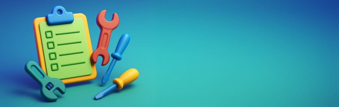 Colorful checklist clipboard with toy-like tools on left side over blue gradient background with blank copyspace for industry design or poster template. Ai generative