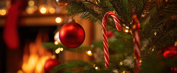 The Christmas tree decorated with red baubles and candy canes by a fireplace
