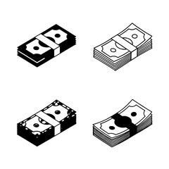 Four isometric stacks of paper currency, each bundled with a white or black band. © Gladis