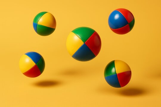 Colorful juggling balls floating against a bright yellow background, playful carnival mood with plenty of free space for text