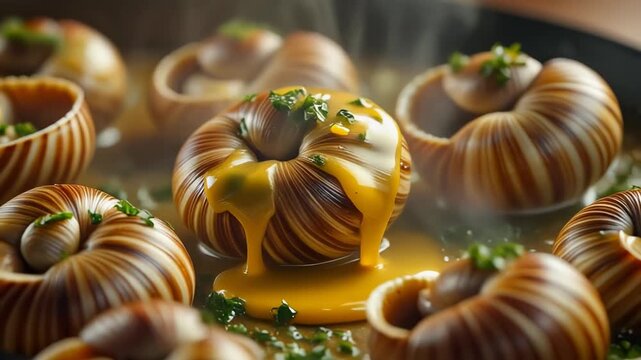 Ultra close-up cinematic footage of freshly cooked Escargot