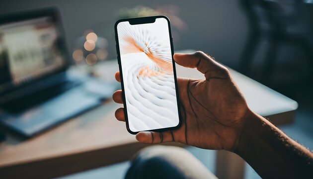 Hand holding modern smartphone with vibrant abstract wallpaper display, laptop in background for technology promotions or mobile app designs.