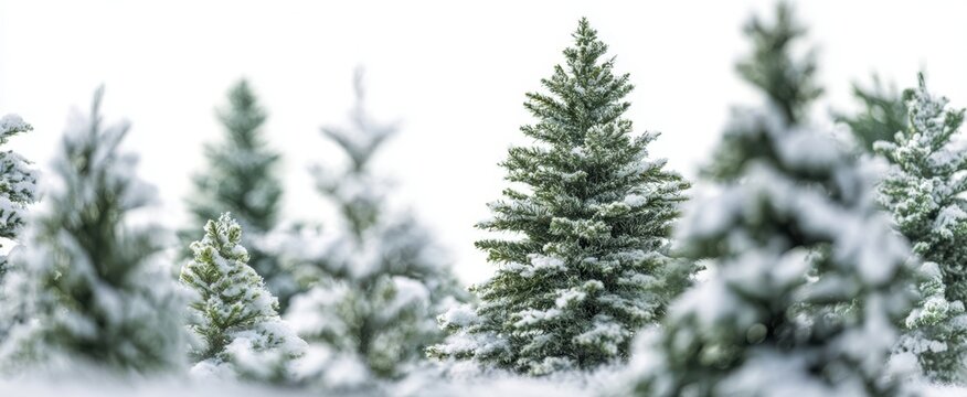 The Evergreen Trees Dusted with Snow in a Serene Winter Forest Panorama