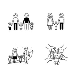 Stick figure family icons set: vector illustration of people, parents, children, and baby silhouettes, symbolizing love and family