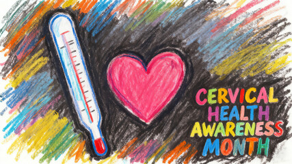 The thermometer, paired with a colorful background of love, conveys the concept of cervical health concern and is suitable for health science posters and women's health promotion materials.
