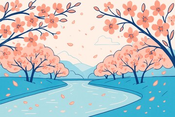 Obraz premium Cherry blossom trees along riverside in spring landscape with falling petals and mountains in soft abstract pastel nature background style. Ai generative