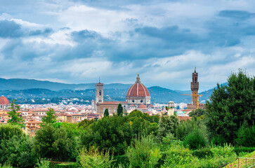 Aerial view of Florence with Cathedral of Santa Maria del Fiore (Duomo)and Palazzo Vecchio, Italy....