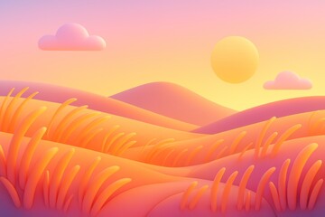 Obraz premium Surreal pastel landscape with rolling hills, soft clouds, glowing sun and stylized grass in warm sunset light, perfect dreamy background scene. Ai generative