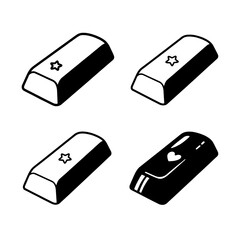 Four stylized gold bars, each with a different symbol, arranged in a square.