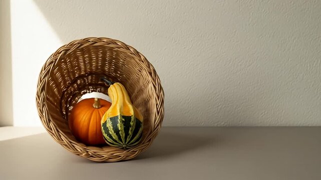 A cornucopia filled with pumpkins and gourds.