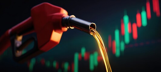 The Fuel Nozzle Pouring Gasoline Over Declining And Rising Stock Market Candlestick Chart