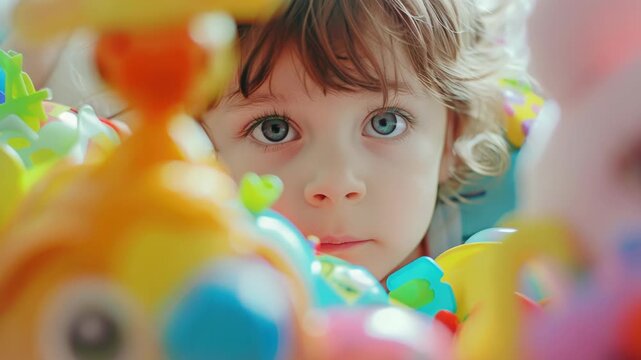 A young child is looking at a toy. The toy is a yellow and orange object. The child is surrounded by many toys