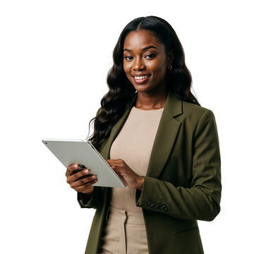Young black woman in business attire holding a tablet isolated on transparent background