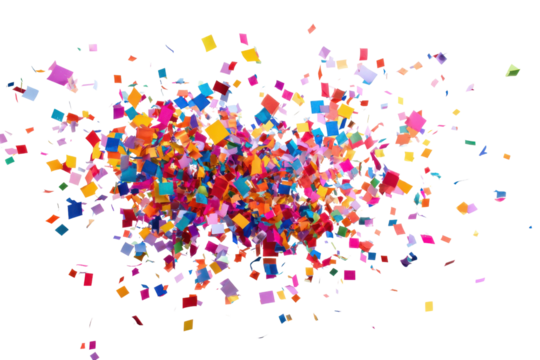 Burst of colorful square confetti falling against a black background celebration party, Isolated On Transparent Background, Png Cut Out