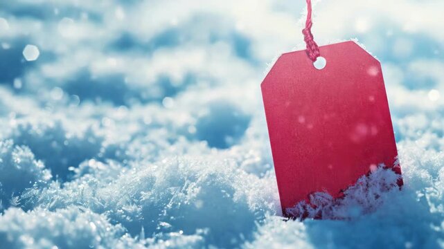 Red tag with a string hanging from it on a snowy surface