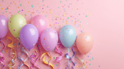 Colorful birthday celebration background with floating balloons, sparkling confetti, festive candles, and curling ribbons on soft pastel pink for party invitations, greeting cards, and festive decorat