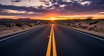 Endless desert road at sunset with dramatic clouds.